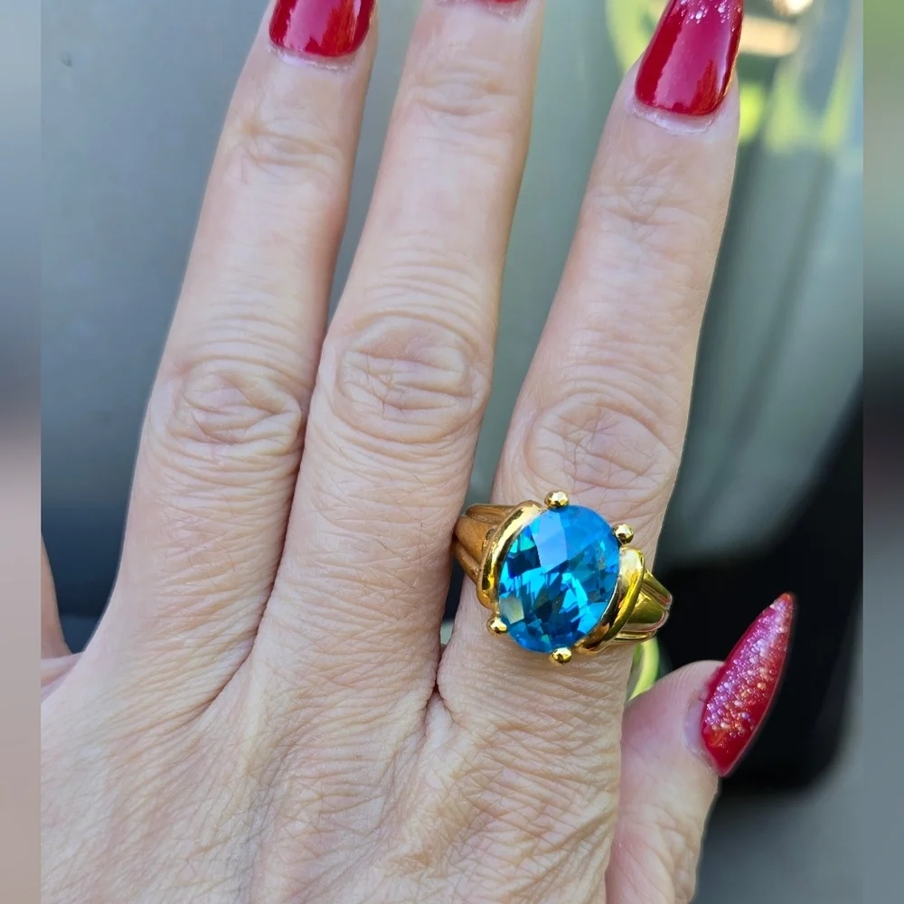 Blue Topaz Sterling Silver 925 ring gold plated outside size 9 unseix ring - Picture 16 of 17